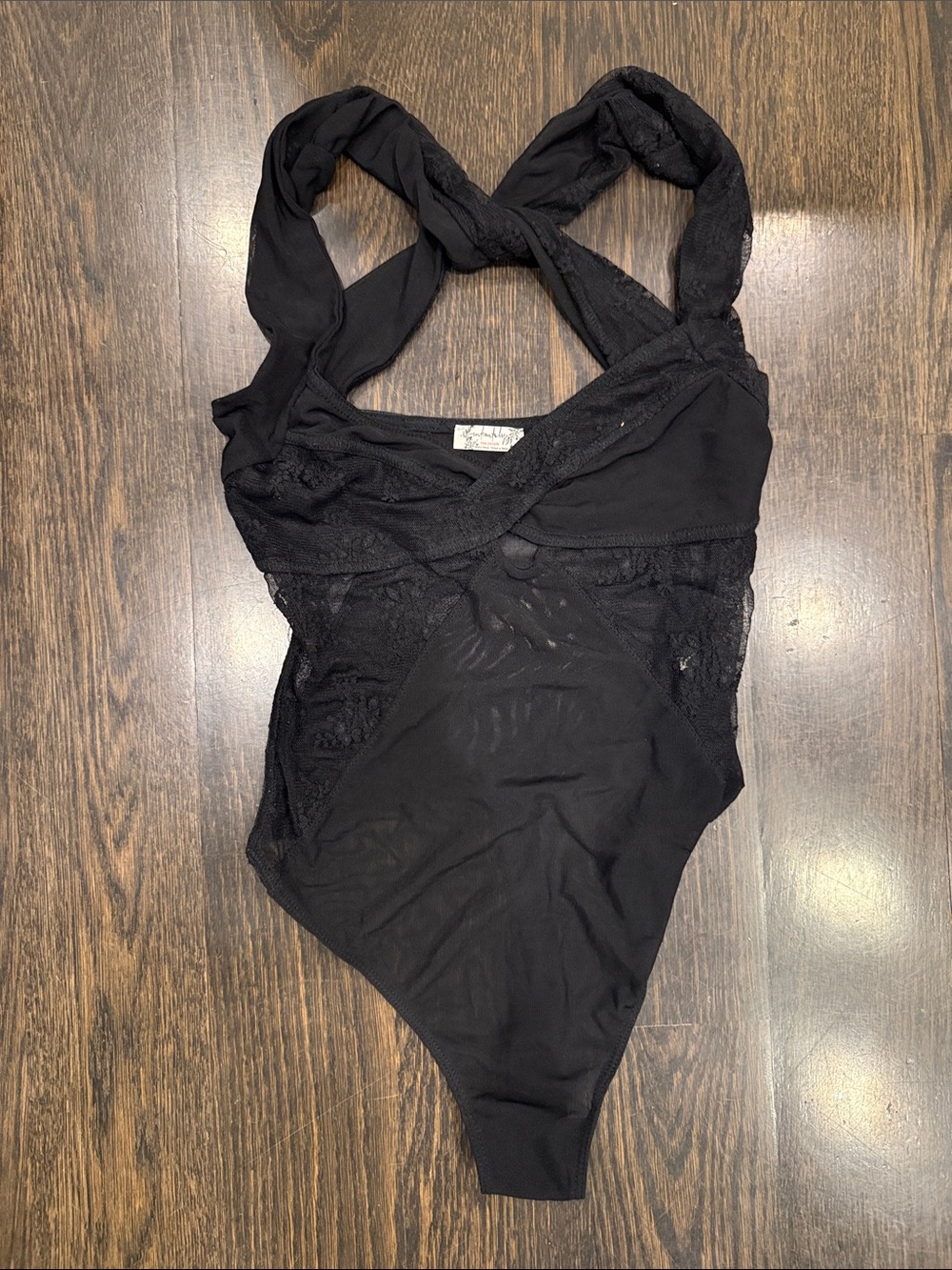 Free People Black Lace-Panel Crossback Bodysuit